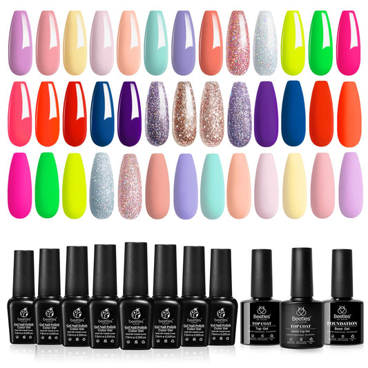 Beetles 23Pcs Gel Nail Polish Kit with Glossy Matte Top Coat and Base Coat Girls Night Collection White Nude Gray Glitters Summer Gel Nail Polish Set U V Soak Off Manicure Kit Gift for Girls