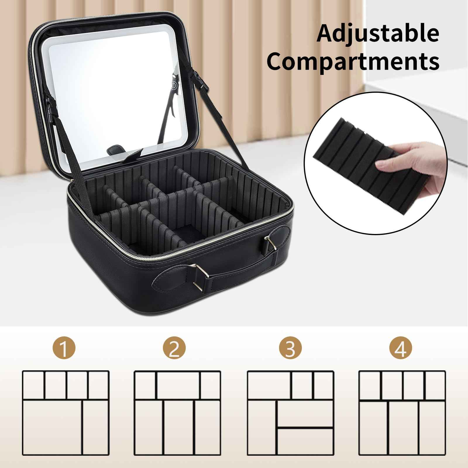 Faquenc Travel Makeup Bag with LED Mirror 3 Color Modes,10.2-in Black Vegan Leather Makeup Organizer Bag with Adjustable EVA Dividers and Independent Brush Panel