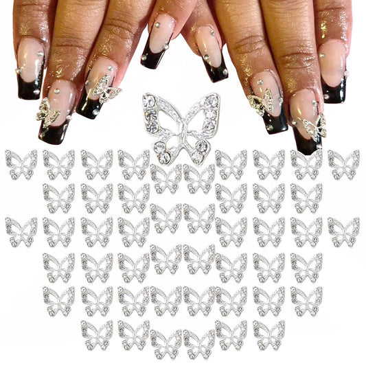 qiipii 48pcs Silver Butterfly Nail Charms Bulk 3D Charms for Acrylic Nails, Butterflies Nail Rhinestones Charms Nail Alloy Studs Nail Art Jewels Diamonds Gems Decor Supplies for Nails Face Makeup DIY