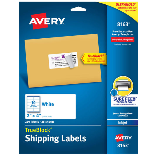 Avery Shipping Address Labels, Inkjet Printers, 1,250 Labels, 2x4 Labels, Permanent Adhesive, TrueBlock (5-pack 8163)