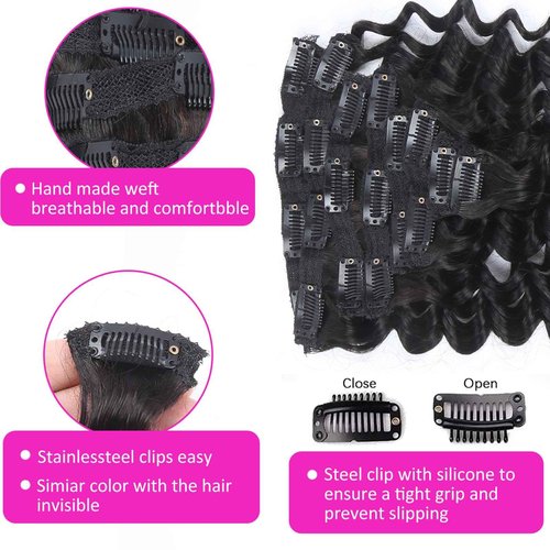 Curly Clip in Hair Extensions Real Human Hair 14inch 100g Invisible & Seamless 100% Brazilian Remy Human Extension Deep Wave Clip ins Extensions Double Weft 8 PCS with 20 Clips Natural Black