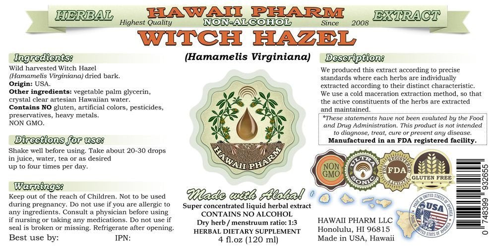 Hawaii Pharm Witch Hazel Alcohol-FREE Liquid Extract, Witch Hazel (Hamamelis Virginiana) Dried Leaf Glycerite Natural Herbal Supplement, USA 2 fl.oz