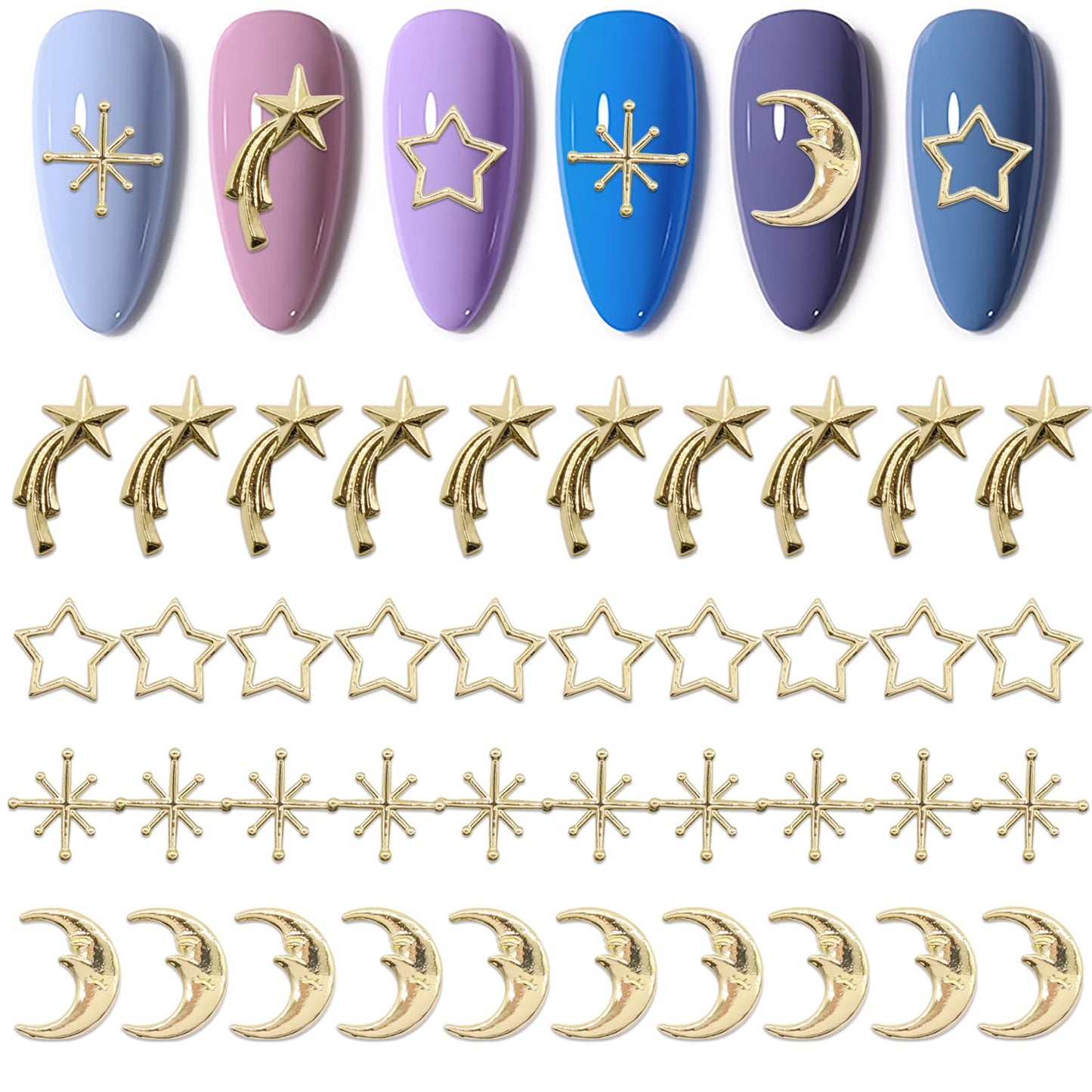 WOKOTO 40pcs Gold Stars Moons Nail Charms for Nail Art 3D Jewelrys Polestar Meteor Moons Nail Gems and Charms 3D Nail Decorations Nail Jewels Metal Alloy Nail Art Charms for Acrylic Nails Designer