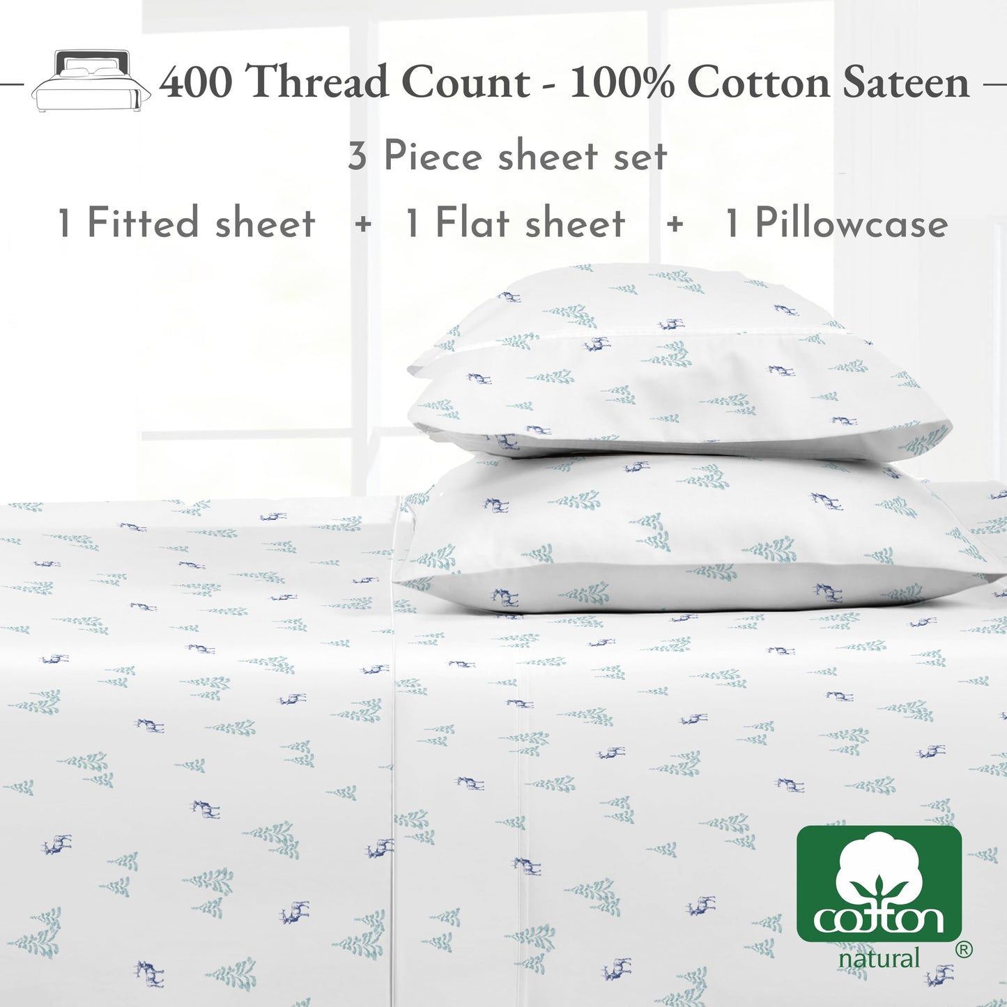 California Design Den Lodge Sheets Twin Size Printed Set, 400 Thread Count, 100% Cotton Sateen, 3 Pc Twin Size Sheets Set, Deep Pocket Sheets & Pillowcase Set - Lodge Camp