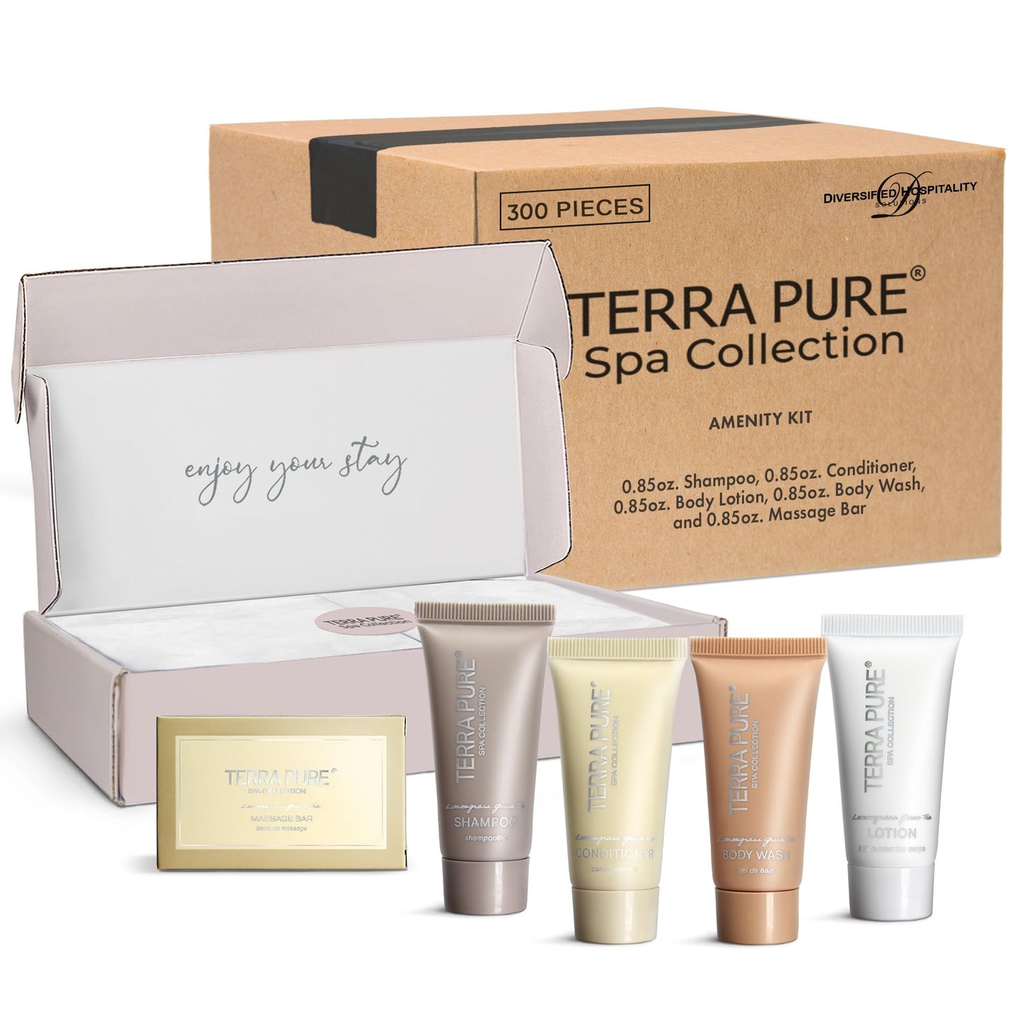 Terra Pure Spa Collection Amenity Kit | Hotel Toiletries | Bulk Set 0.85 oz Travel Size Shampoo,Conditioner, Lotion,Body Wash & Massage Bar for Guest Hospitality AirBnB/Vacation Rentals | 60 sets/case