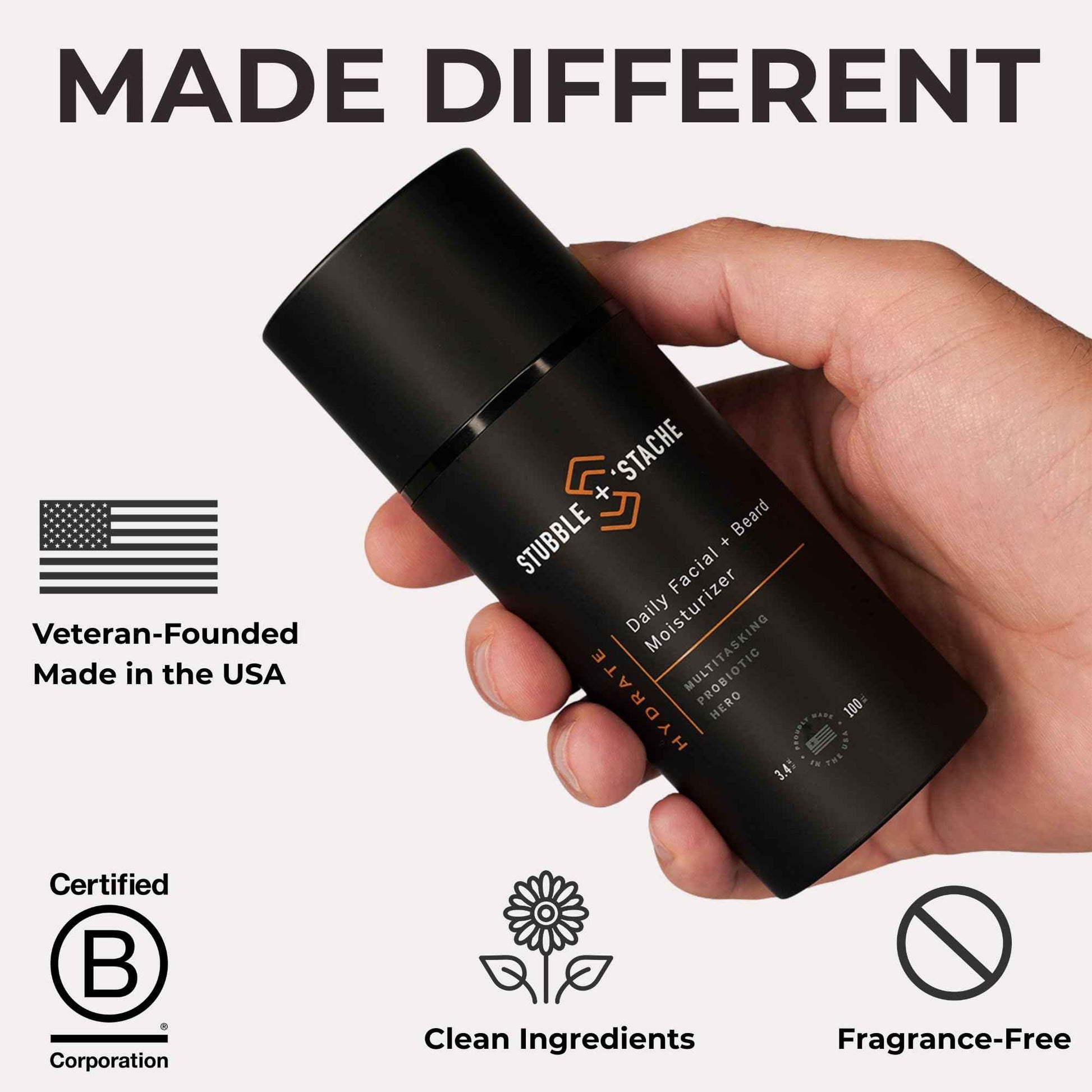 stubble & stache Beard & Face Moisturizer for Men - Hydrating Lotion with Hyaluronic Acid, Niacinamide, Argan Oil, Aloe Vera, Jojoba Oil, & Vitamin A for Dry Skin & Beard Conditioning - 3.4 fl oz