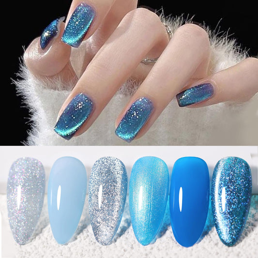 Born Pretty Jelly Gel Nail Polish, Glitter Gel Polish, Blue Cat Magnetic Eye Gel Nail Polish, Sheer Crystal Auroras Pearl Mermaid Gel Nail Polish Nail, Summer Spring Manicure 6PCS 7ml