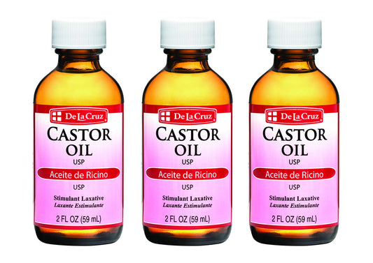 De La Cruz Castor Oil - 100% Pure Expeller Pressed Castor Oil for Nourishing Skin, Hair, Eyelashes, and Eyebrows - Natural Laxative USP Grade, 2 FL Oz (3 Bottles)