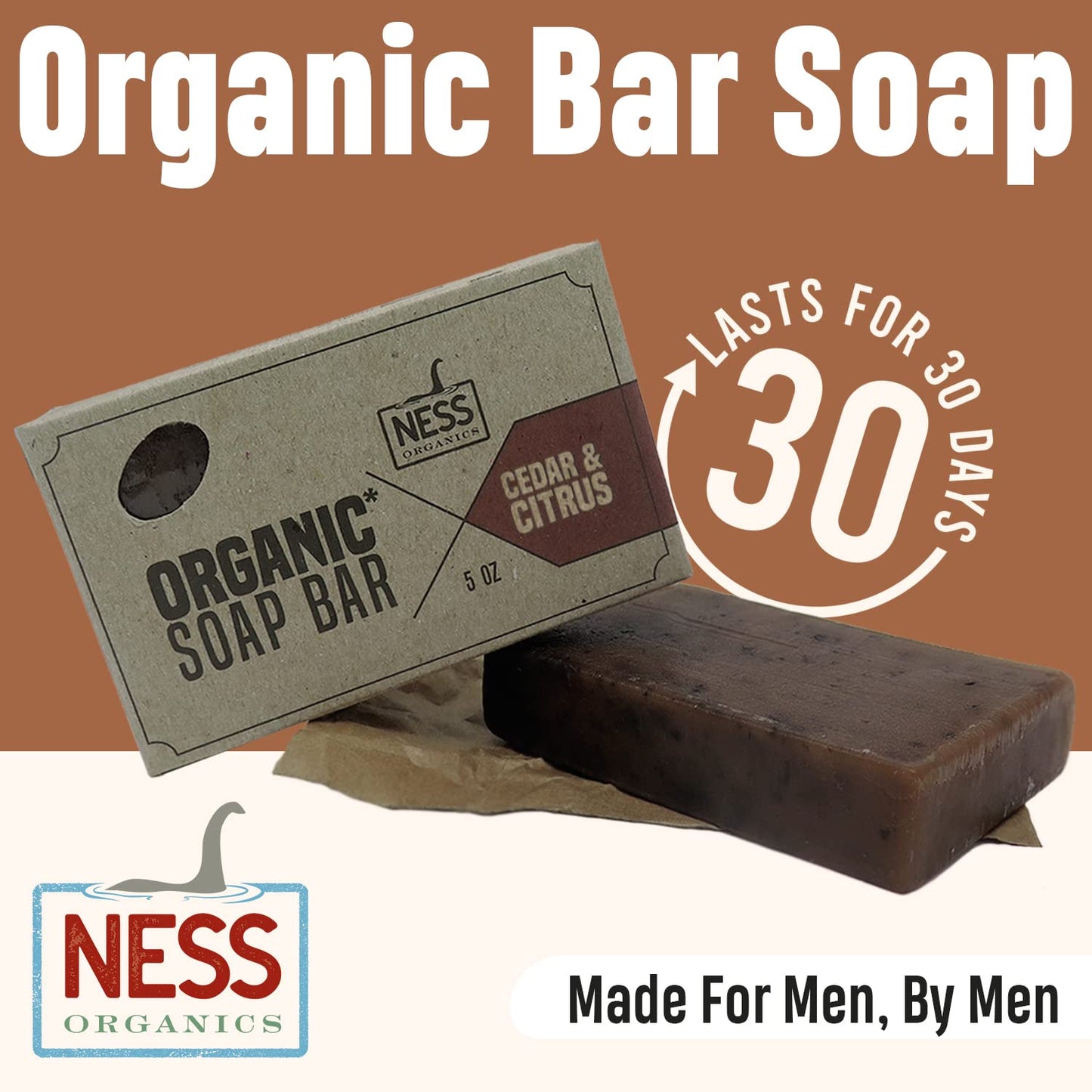 Ness Mens Soap Bar - Cedar & Citrus Scent, Natural Soap For Men With Organic Ingredients, Mens Bar Soap With Essential Oils, Moisturizing Bar Soap For Men, Handmade In The USA, Cruelty Free, Vegan