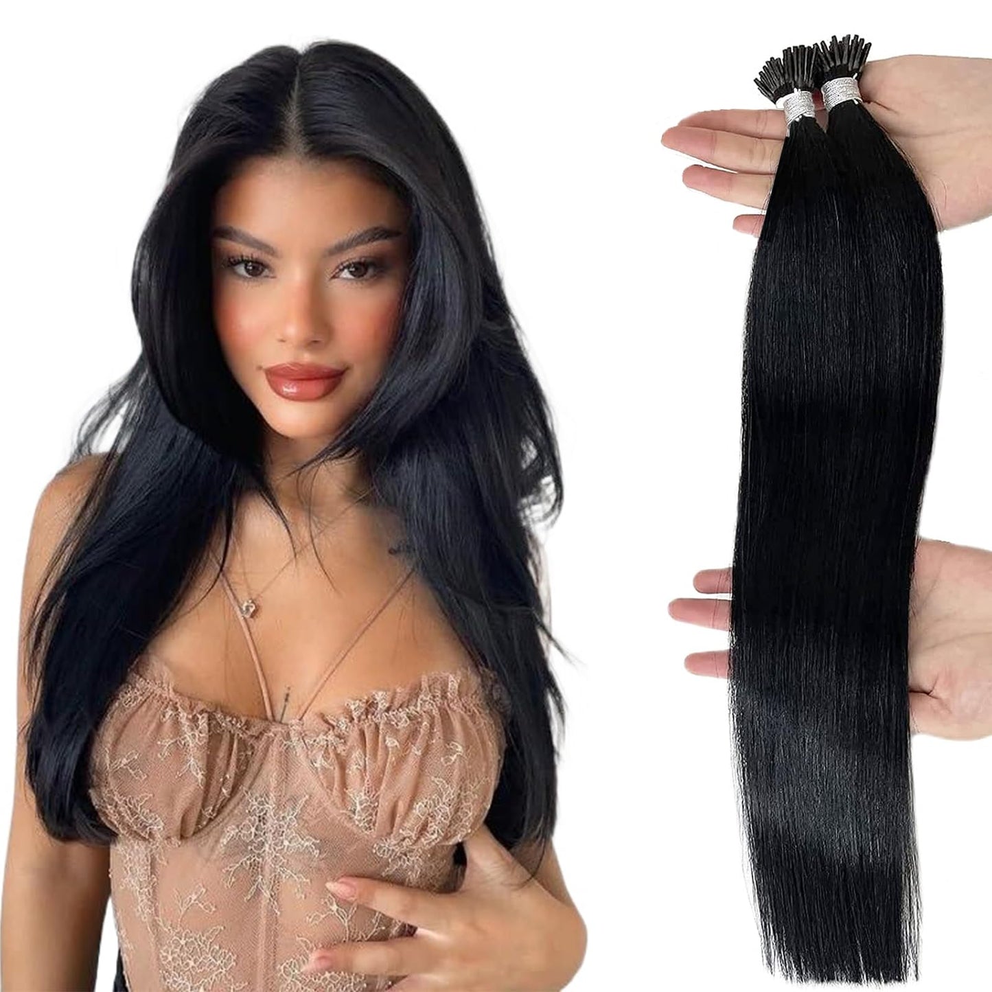 Misslala 16 Inch Itip Human Hair Extensions Keratin Bond Hair Extensions Real Human Hair Itip Color #1 Jet Black Thick Human Hair Bead Hair Extensions Stick Tip 40 Gram/50 Strands