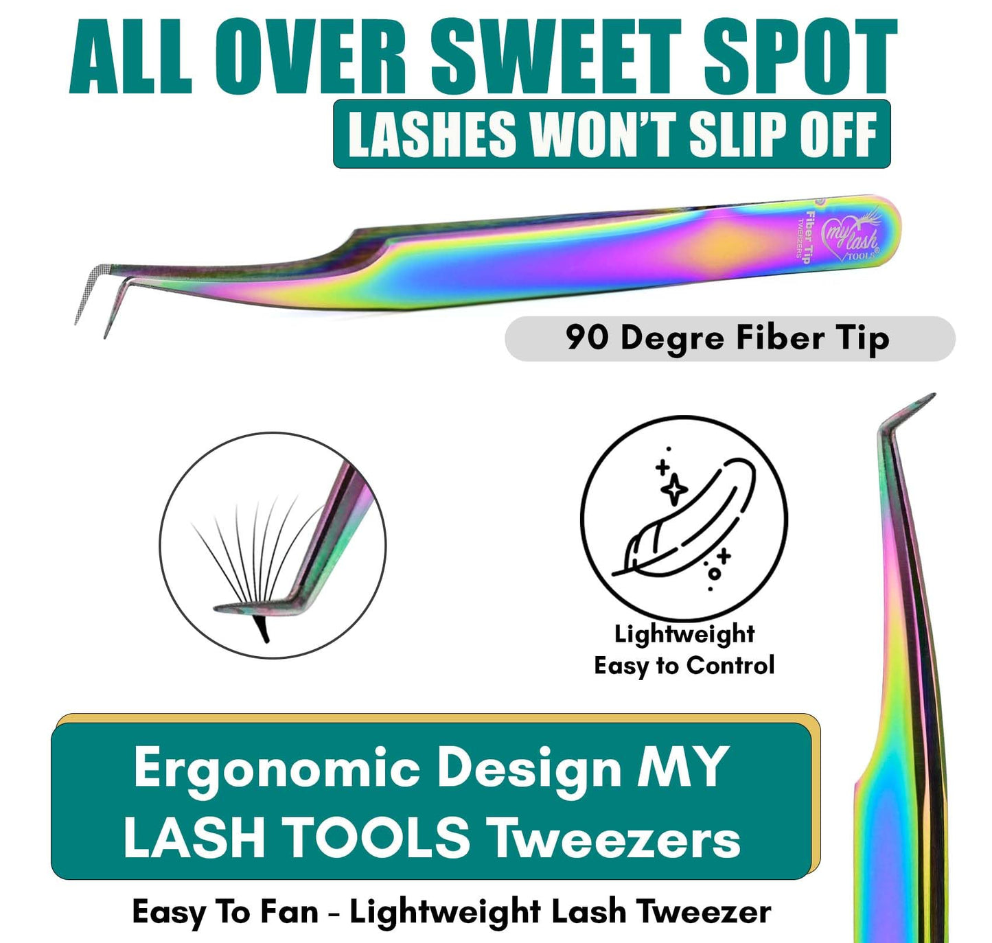 My Lash Tools Fiber Tip Eyelash Extension Tweezers Professional 90 Degree Lash Tweezers for Volume & Isolation Lashes (2Pcs Set, Lash Tweezers Set/Rainbow)