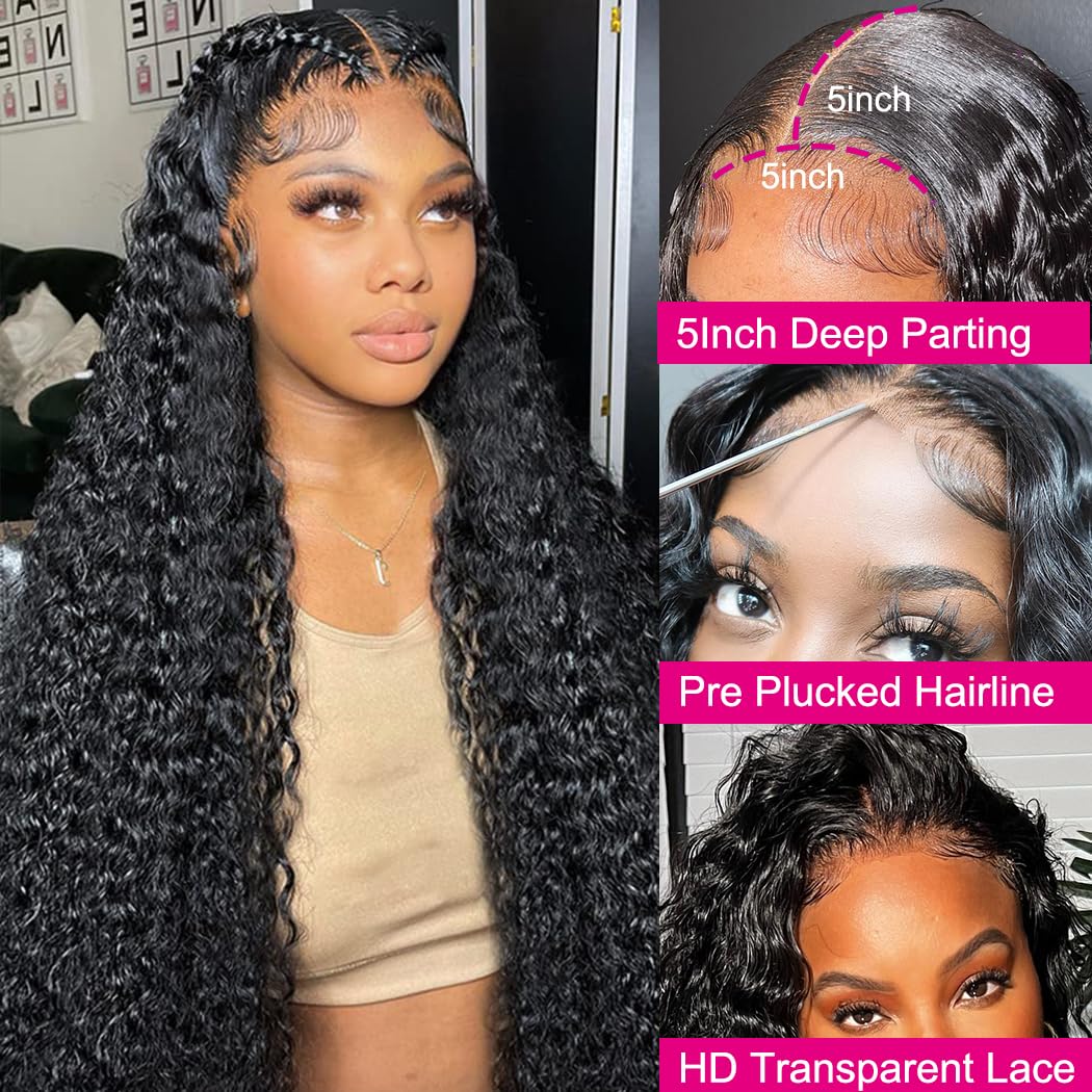 Showme 5x5 HD Lace Closure Glueless Wigs Human Hair Pre Plucked Brazilian Virgin Deep Wave Lace Front Wigs Human Hair 180% Density Closure Wig with Elastic Band Natural Hairline