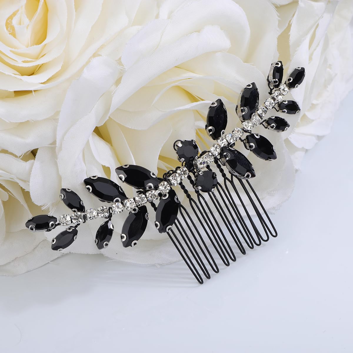 Xerling Brides Wedding Hair Comb Handmade Black Rhinestone Crystal Hair Side Comb Bridal Hair Pieces Boho Headpiece Hair Jewelry Accessories for Women Flower Girls (Black)