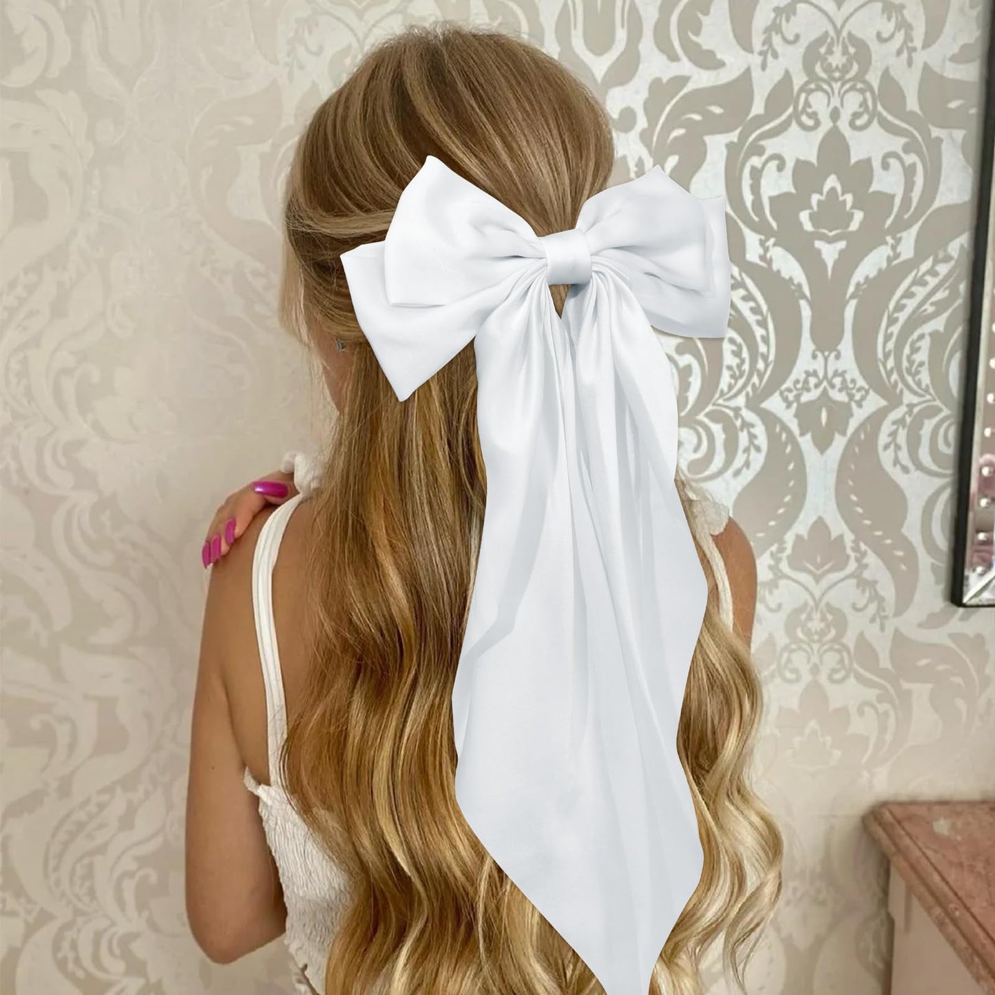 YISSION Large Silky White Satin Bow Hair Clips with Long Tail - 2Pcs Cute Hair Accessories for Women and Girls