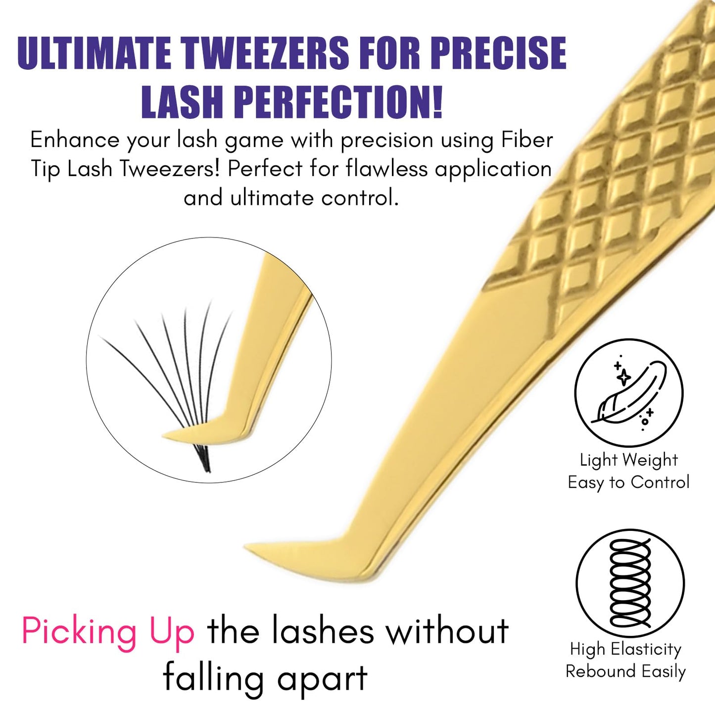 My Lash Tools Lash Tweezers For Eyelash Extensions Precision Fiber Tip Tweezers For Lash Extensions Mega Volume Lash Tweezer | Professional Stainless Steel Boot Lashing Tweezers (Diamond Grip Gold)