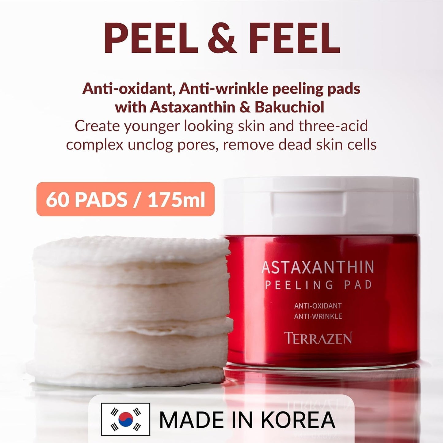 Terrazen Korean Face Pads Peeling Astaxanthin Anti-Oxidant Anti-Wrinkle Soothing Exfoliating Korean Skincare Even Radiant Skin Firming Dead Skin Cells Removal Unclog Pores, 60 pcs