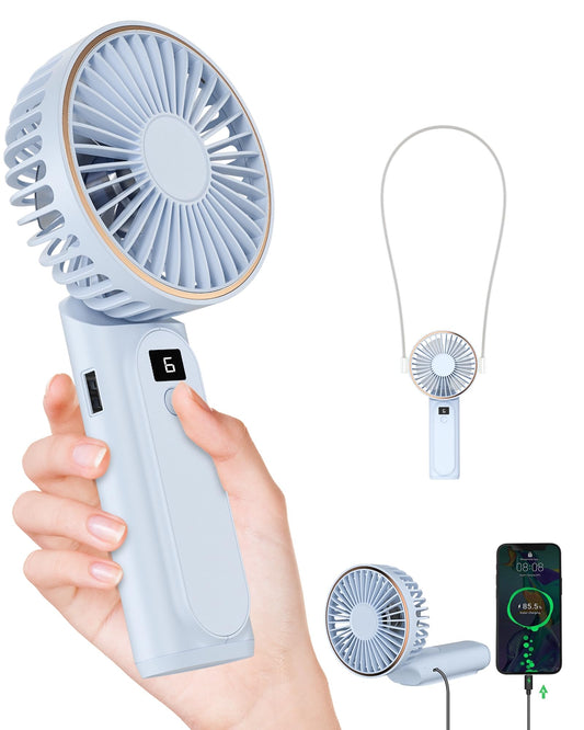 TUNISE Portable Handheld Fan, Portable Fan Rechargeable, 4000mAh, 180° Adjustable, 6 Speed Wind, Display Electricity in Real Time, USB Rechargeable Foldable Fan, Quiet Personal Fan as Power Bank