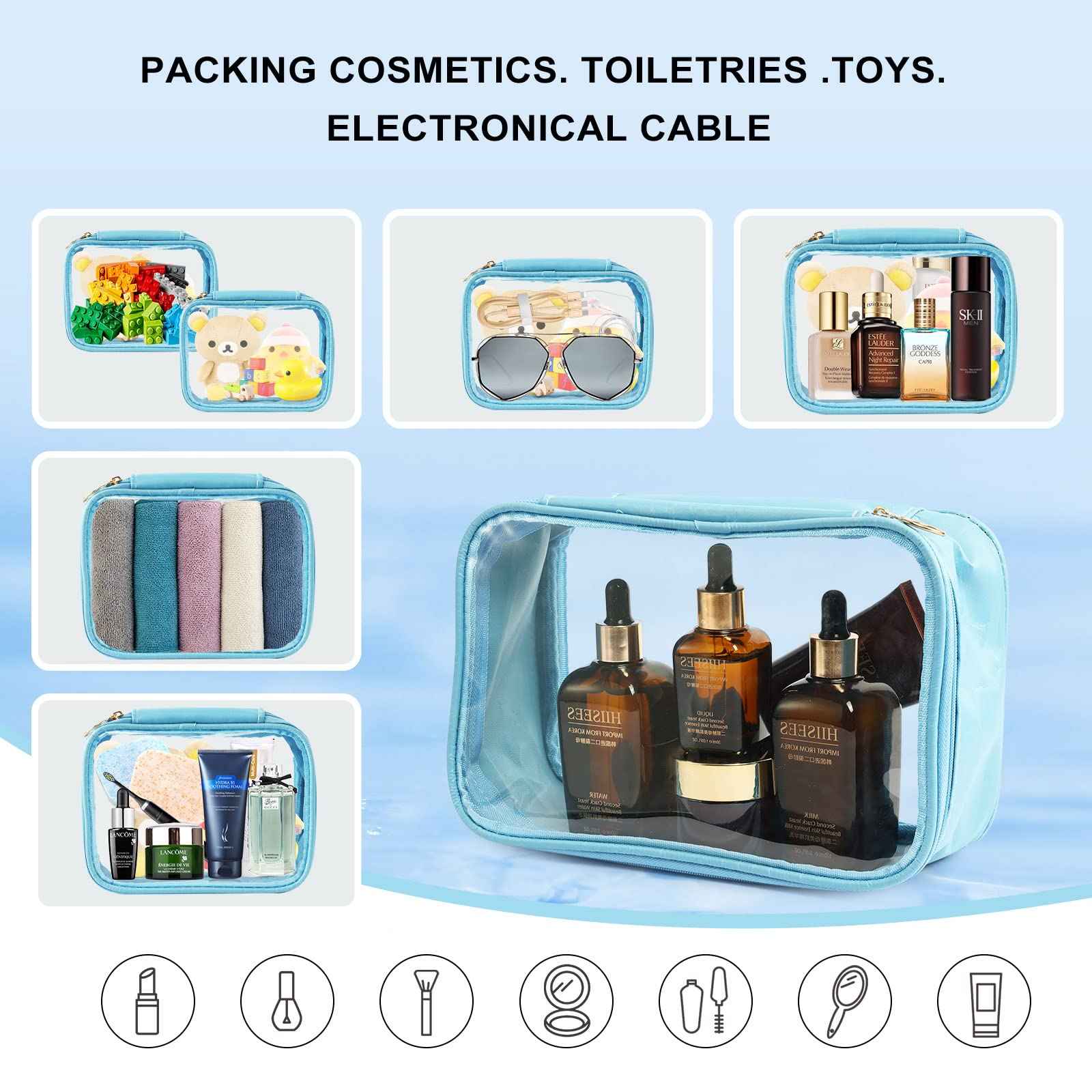 DARIN Clear Toiletry Bag 3Pack TPU Makeup Cosmetic Bag TSA Approved Toiletry Bag, Waterproof Travel Liquid Bag for Air Flight, Clear Travel Carry On Pouch for Women and Men (1L+1M+1S,Clear Blue)