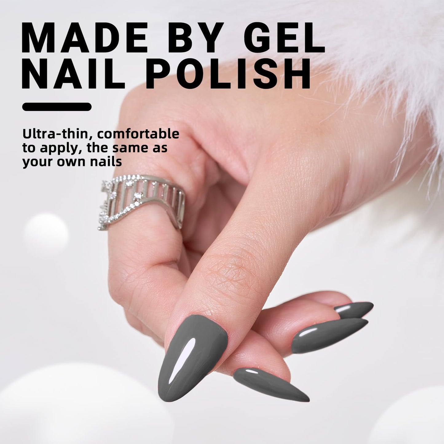 Wooyas Soft Gel Press on Nails Medium ，Almond Glossy Handmade Fake Nails Reusable, Fit Perfectly Glue On Nails in 12 Sizes - 24 Pcs Soft Gel Glue On Nails Kit, Cement Gray Color