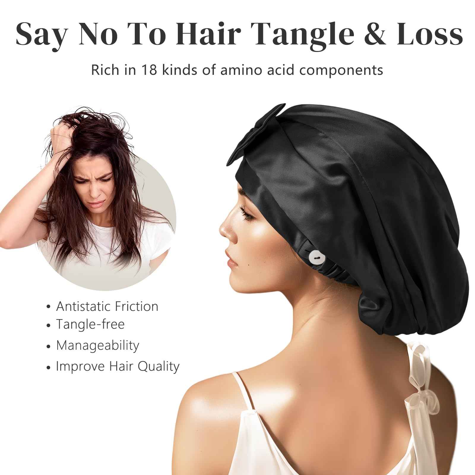 ZIMASILK 22 Momme Adjustable 100% Pure Mulberry Silk Bonnet for Sleeping Women, Double-Layered Silk Hair Bonnet for Anti-Frizz & Hair Protection – Reduces Slipping (1Pc, Black)