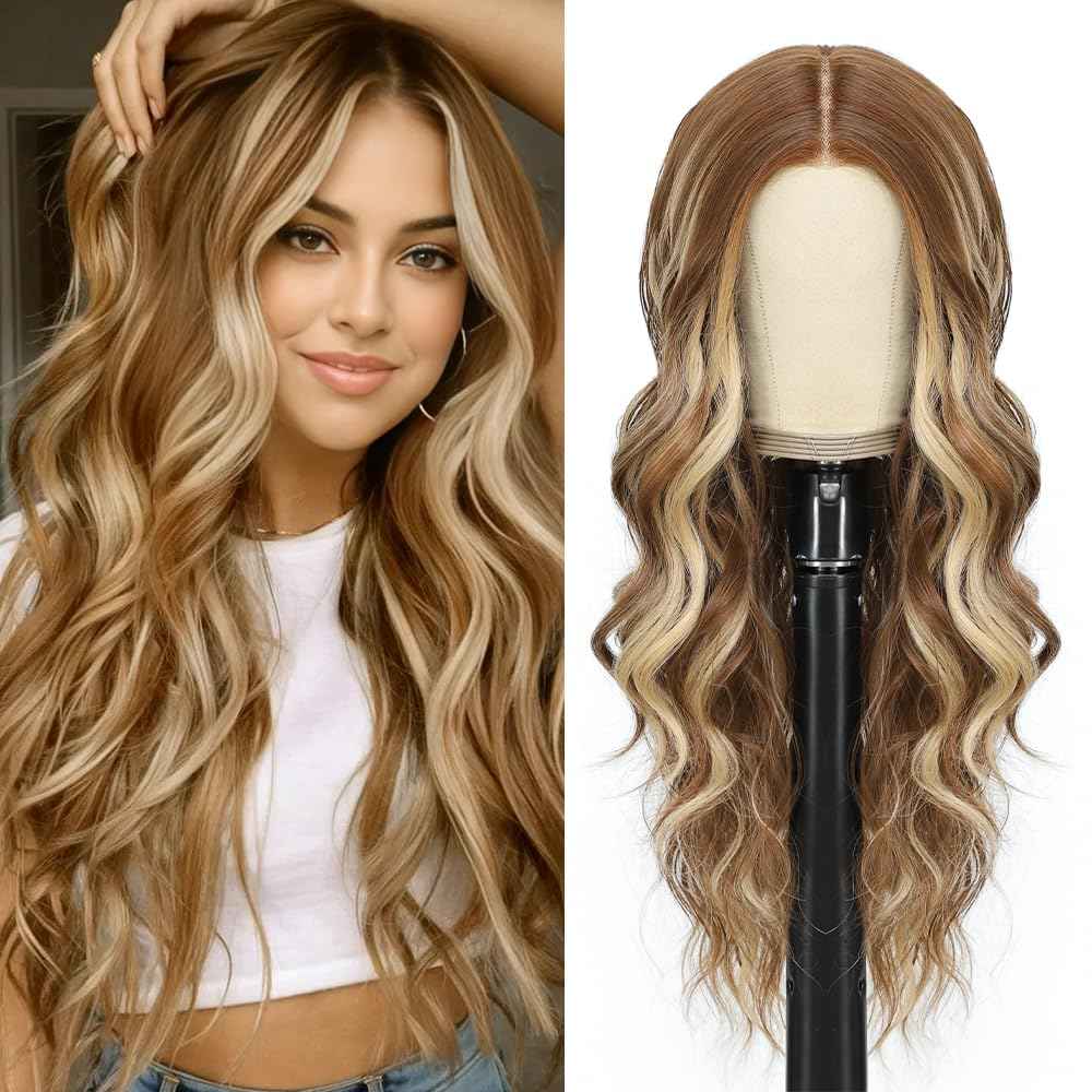 ShowCoco Long Brown to Ombre Blonde Wigs for Women 26 Inch Highlights Blonde Wig Natural Middle Part Synthetic Wavy Hair Heat Resistant Fiber Hair Replacement Wigs for Daily Party 3 Seconds to Wear