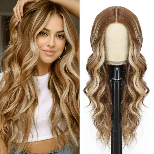 ShowCoco Long Brown to Ombre Blonde Wigs for Women 26 Inch Highlights Blonde Wig Natural Middle Part Synthetic Wavy Hair Heat Resistant Fiber Hair Replacement Wigs for Daily Party 3 Seconds to Wear