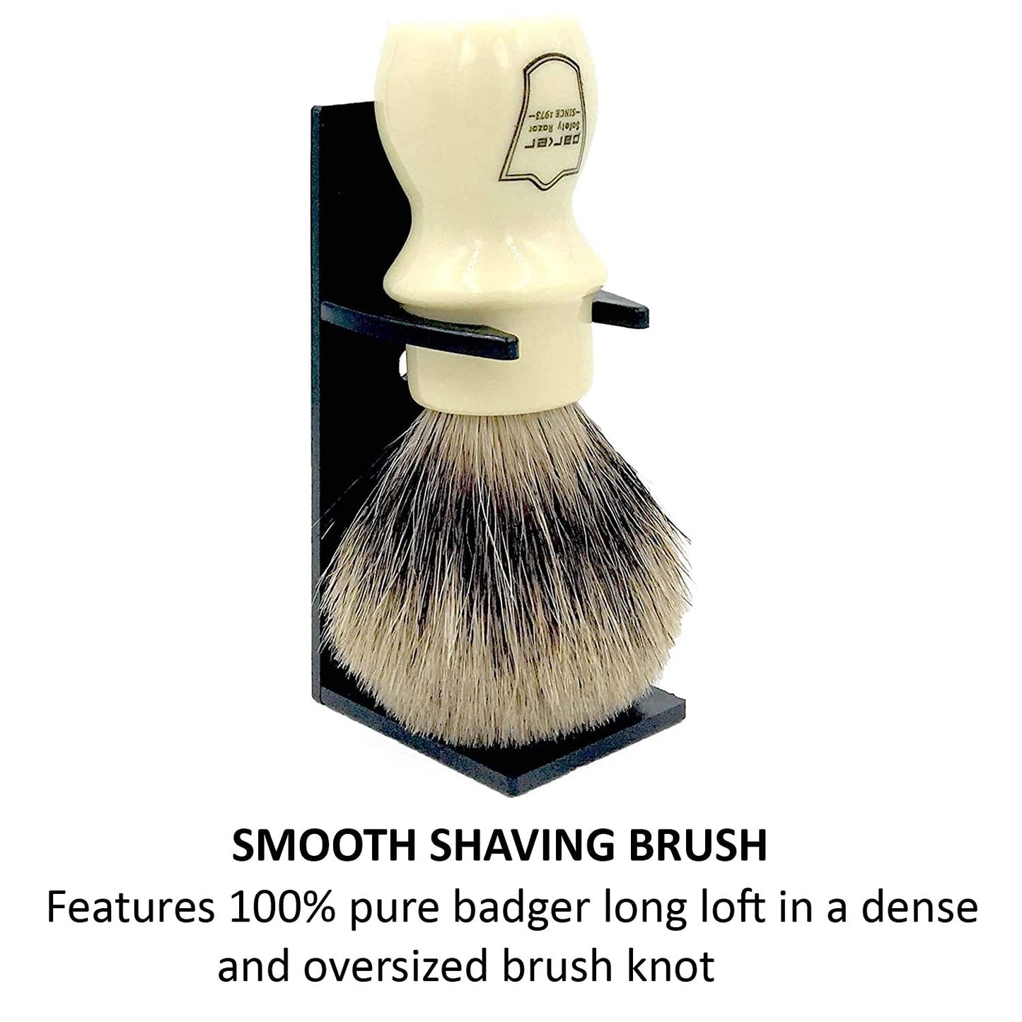 Parker Handmade Deluxe Mug Shaving Brush with Stand – 100% 3-Band Pure Badger Bristles –Extra Dense and Firm (Ivory)