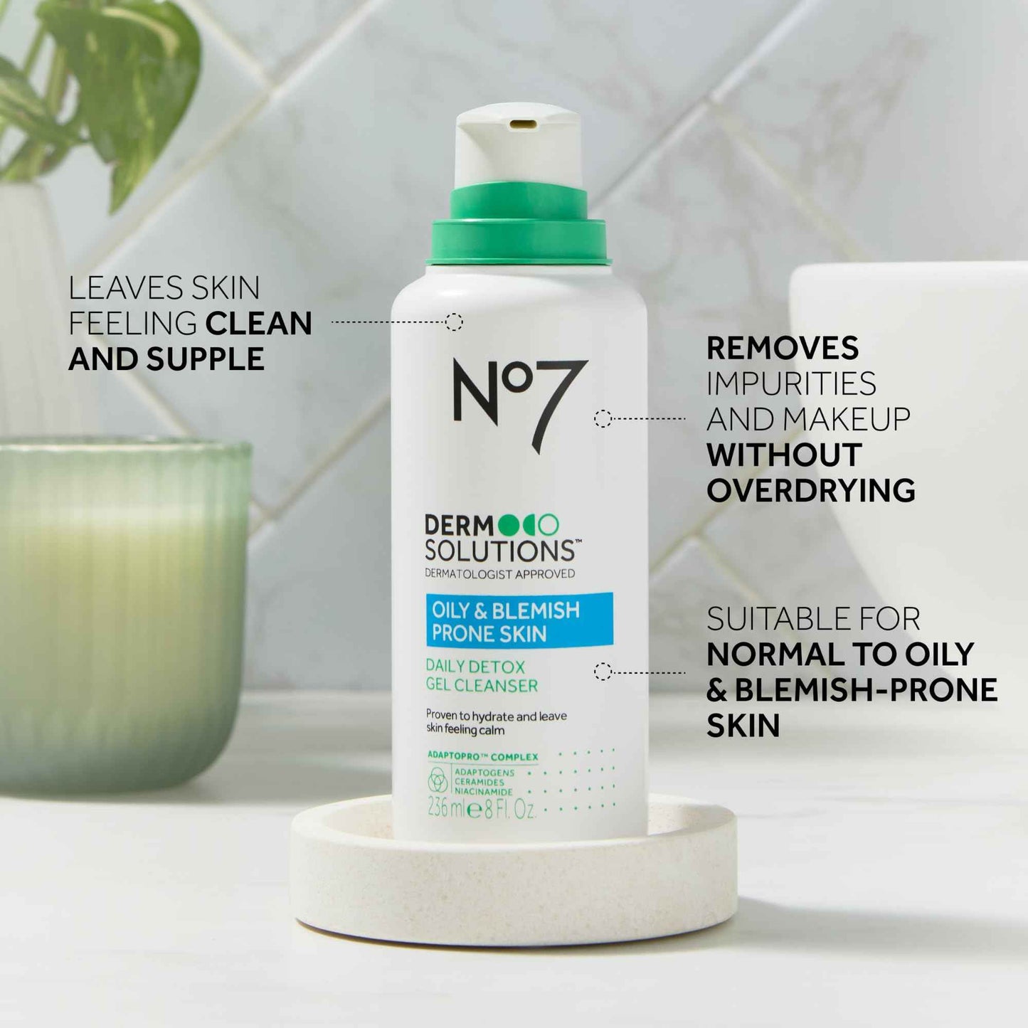 No7 Derm Solutions Daily Detox Foaming Face Wash - Gel Facial Cleanser Formulated with Ceramides, Niacinamide & Adaptogens To Help Maintain Moisture Barrier - For Oily & Blemish-Prone Skin (16 Fl Oz)