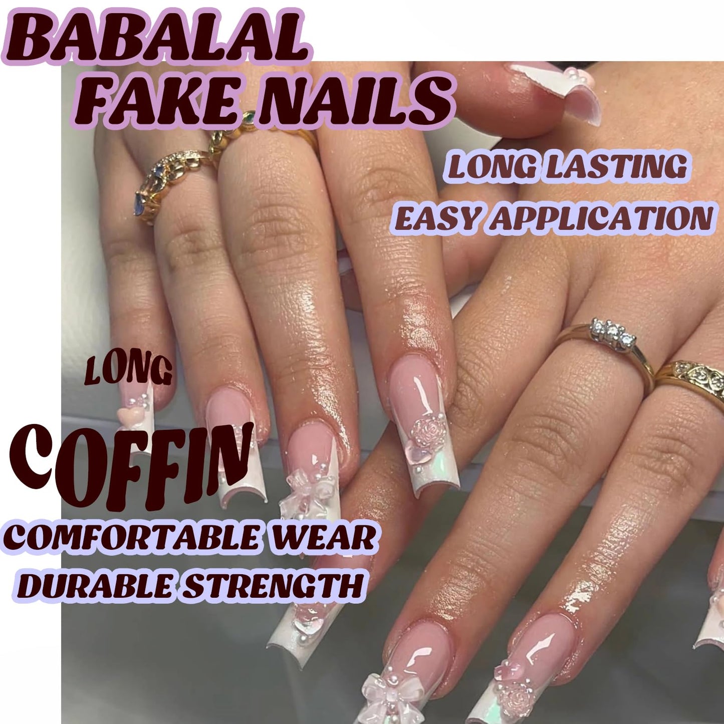 BABALAL French Tip Press on Nails Long Coffin Fake Nails White Chrome Glue on Nails 3d Bow Flower Pearl Charm Design Acrylic Nails 24Pcs Ballerina Manicure Spring False Nails for Women and Girls