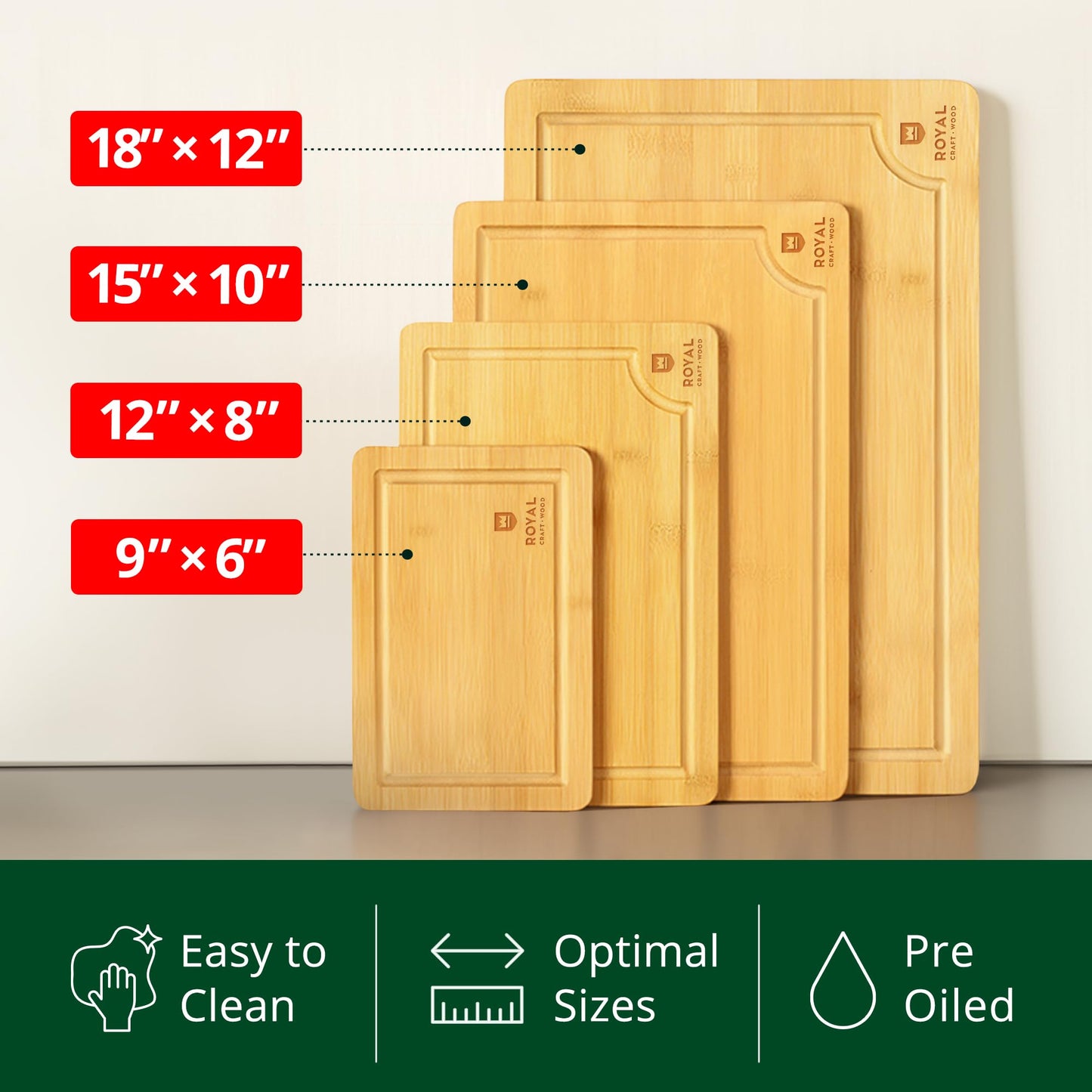 ROYAL CRAFT WOOD Wooden Cutting Boards for Kitchen Meal Prep & Cutting - Bamboo Wood Cutting Board Set with Deep Juice Groove Side Handles - Charcuterie & Chopping Butcher Block for Meat (4 Pcs)