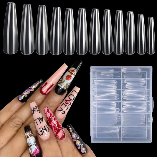 AddFavor 240pcs Coffin Acrylic Nail Tips XXL Ballerina Extra Long Artificial Fake Nails Clear Full Cover False Nails 12 Sizes for Women and Girls Nail Design