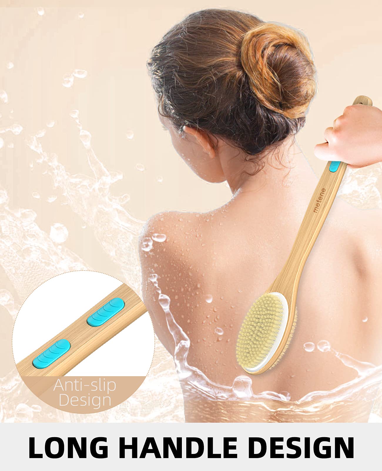 Metene Shower Brush with Soft and Stiff Bristles, Bath Dual-Sided Long Handle Back Scrubber Body Exfoliator for Wet or Dry Brushing