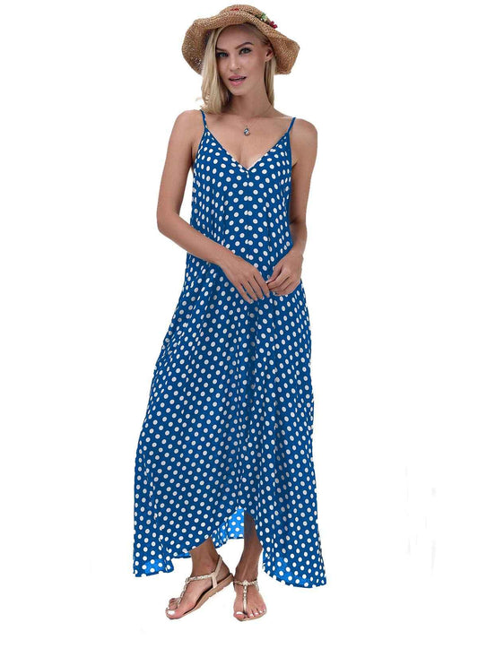 LILBETTER Women V-Neck Polka Dot Print Spaghetti Strap Boho Long Maxi Dresses(Light Blue,X-Large)