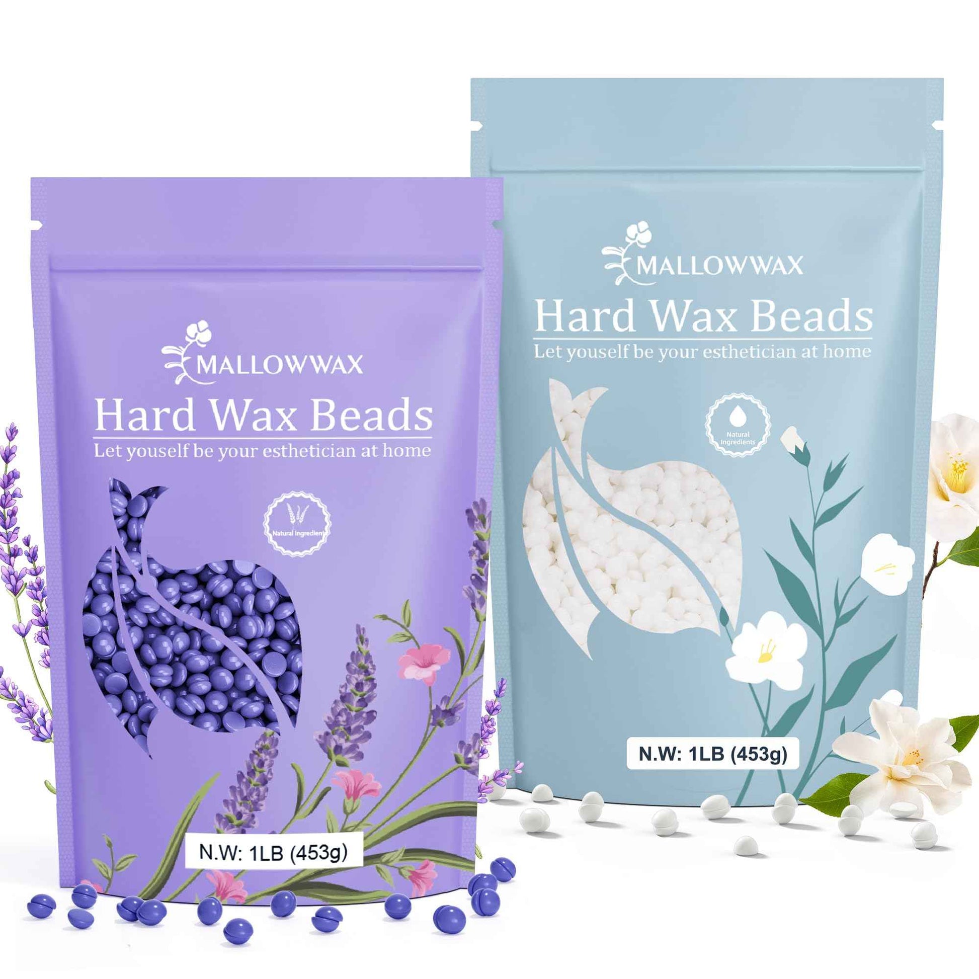 Mallowwax Hard Wax Beads, 2-Pack: 1lb Lavender for Coarse Hair Full Body, 1lb White for All Hair Types Face, Eyebrows, Brazilian Bikini, Legs, Underarms
