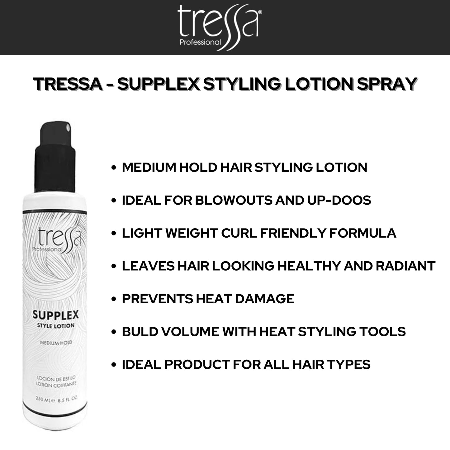 Tressa Supplex Styling Lotion Prevents Heat Damage from Styling Tools, Medium Hold, Light Weight Styling Radiance-8.5 Fl Oz (1 Pack)