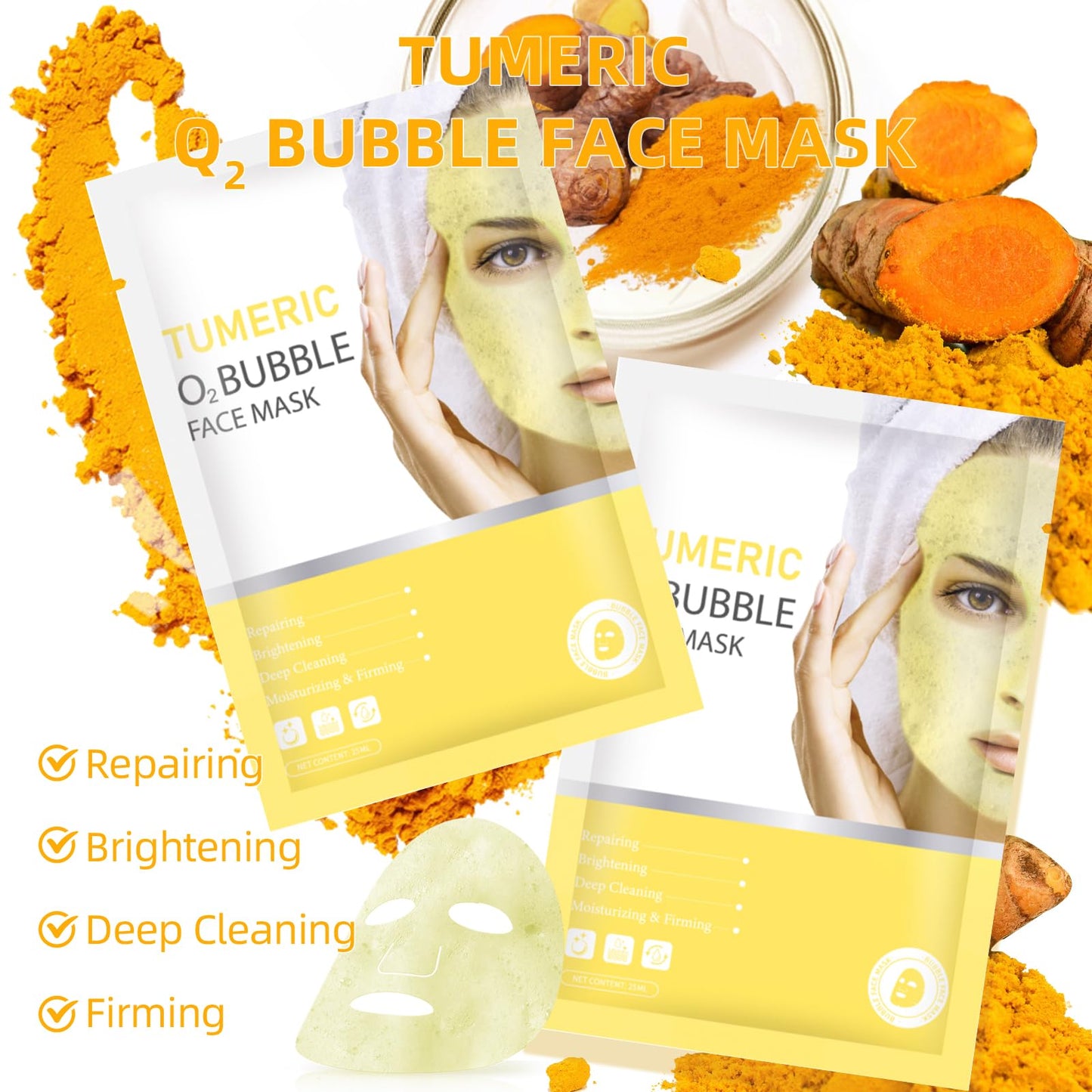 IREV Turmeric O2 Bubble Face Mask Skincare,Deep Cleansing Facial Masks,Anti-Aging, Hydration, Facial Sheet Mask for Women,Bubble Cleansing,Skin Care Moisturizing, Brightening 10 Pack