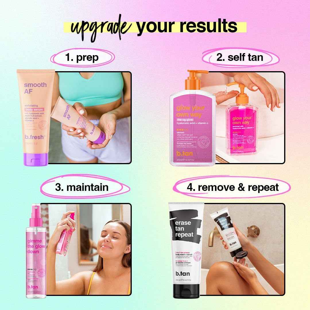 b.tan Clear Self Tanning Gel & Exfoliating Kit | Glow Your Own Way + Erase Tan Repeat Bundle - 1 Hour Express, Transfer-Resistant Dark Fake Tanner, 2-in-1 Exfoliator Scrub & Body Wash with Mitt