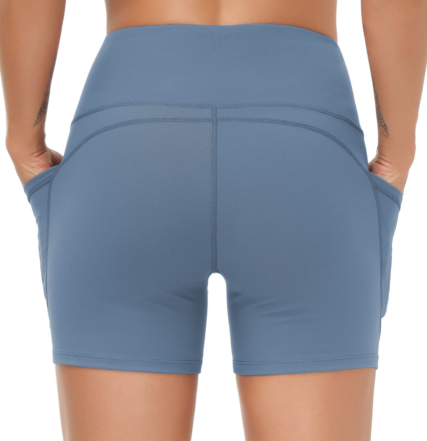 THE GYM PEOPLE High Waist Yoga Shorts for Women's Tummy Control Fitness Athletic Workout Running Shorts with Deep Pockets (Small, Grey Blue)