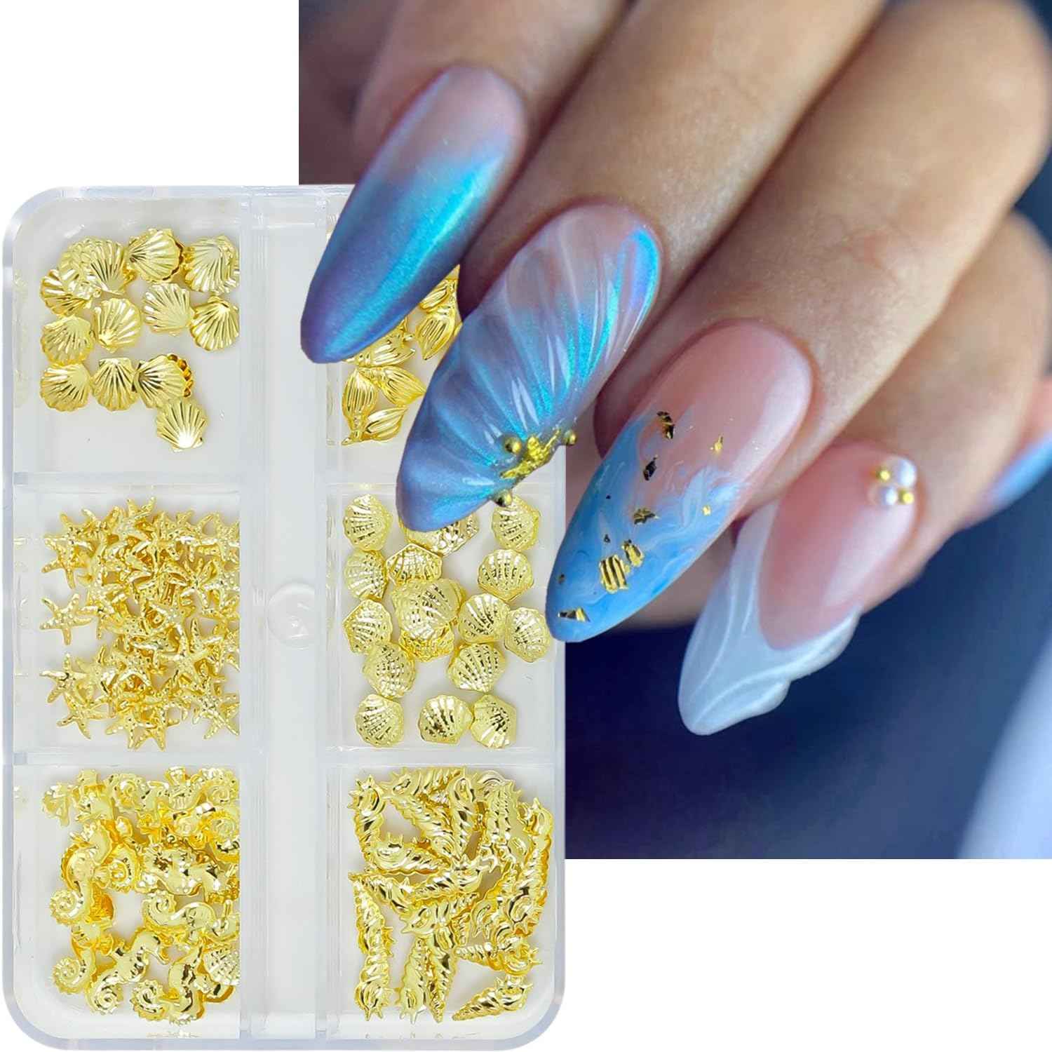 Summer Nail Charms and Gems Cute Shells Conchs Seahorse Starfish Nail Art Charms Gold Flat Back Gold Nail Rhinestones Summer Ocean Beach Nail Decoration Marine Life Rhinestones for Nails DIY Designs