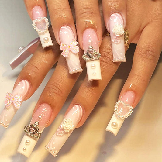 Press on Nails Long Coffin French Tip Pink Fake Nails with Bow Pearl Design Rose False Nails Extra Long Glue on Nails for Women 24Pcs