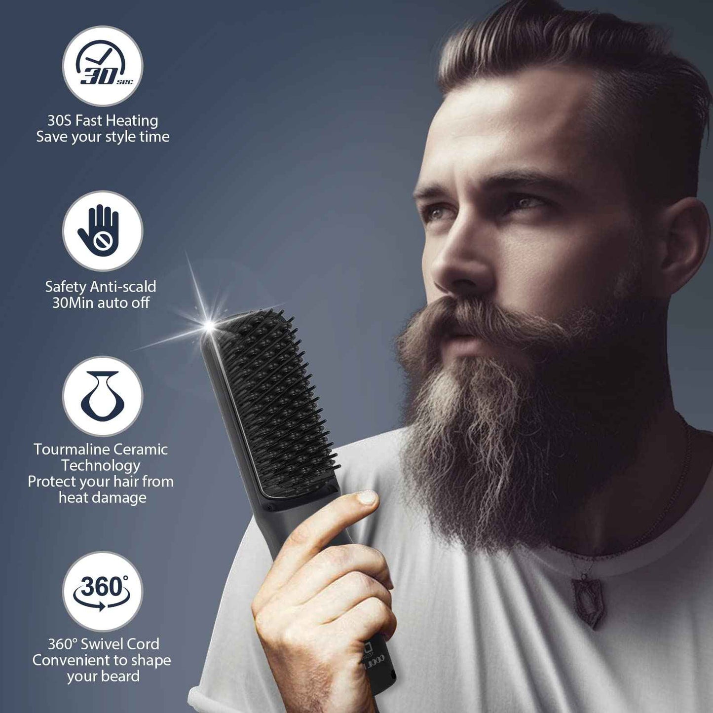 DAN Technology Beard Straightener Kit for Men – Ionic Heated Beard Comb & Wooden Brush, 30s Fast Heating, Tourmaline Ceramic, 3 Heat Settings (310°F–400°F) Dual Voltage, 30 Min Auto Off