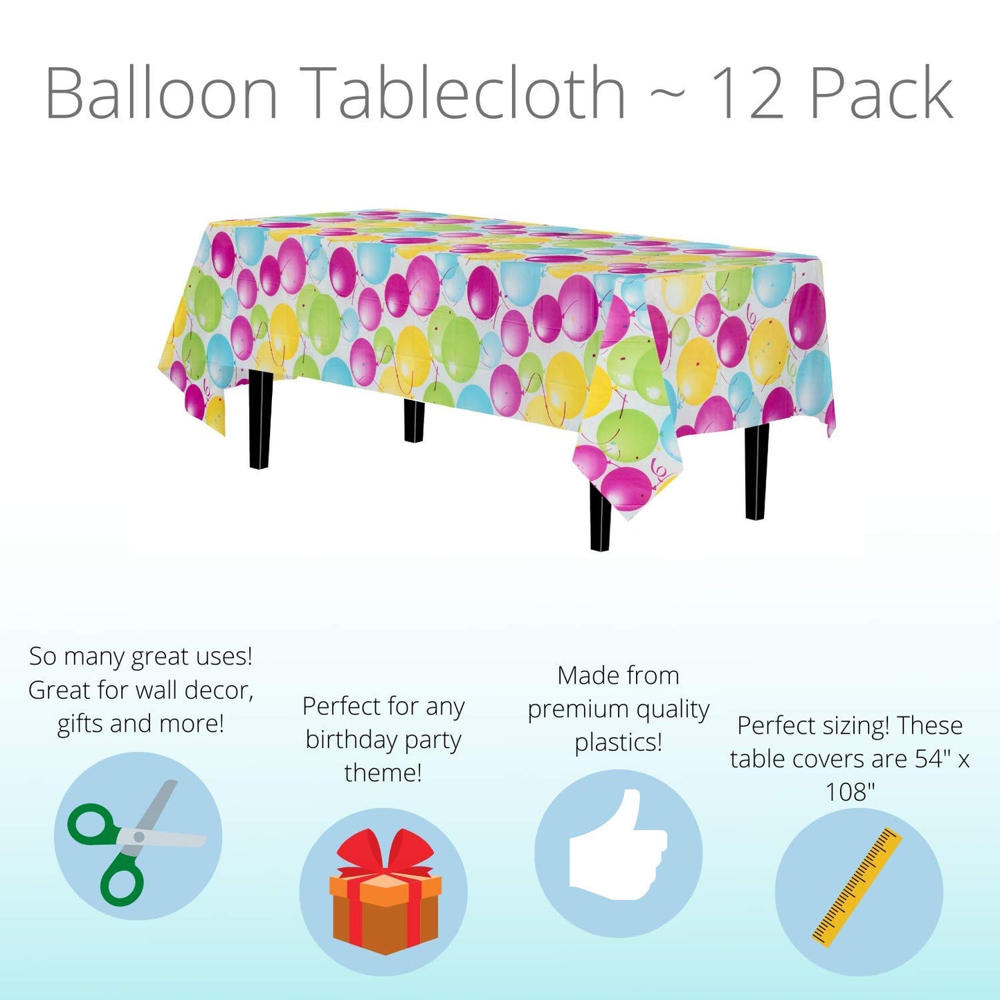 Exquisite 12 Pack Premium Quality Balloon Design Plastic Tablecloth - 54 Inches by 108 inches of Fabulous Rectangle Birthday Tablecloth with Balloon Design for 8 Foot Party Table…