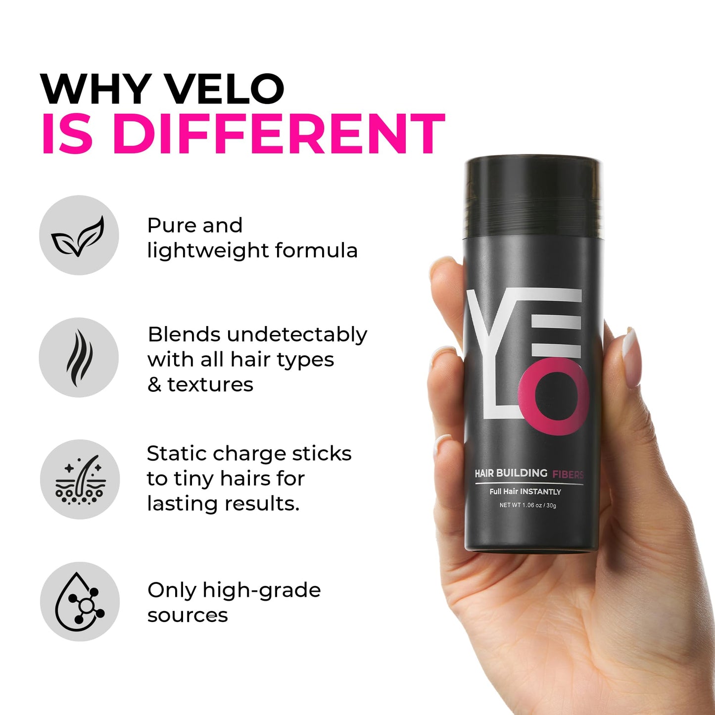 VELO Hair Fibers for Thinning Hair | 30g Instantly Hair Powder Thickener | 100% Natural Hair Filler Instantly Conceals Hair Loss | Topper Fine Hair for Women & Men (White)