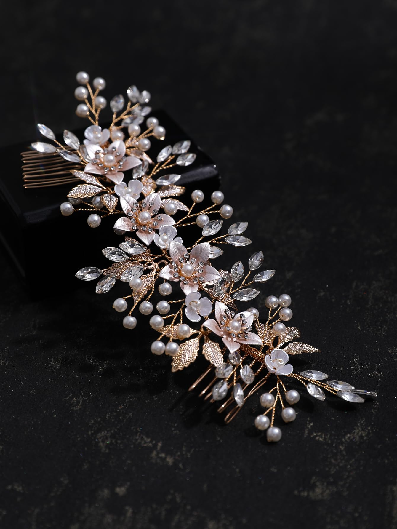 Flower Bridal Hair Combs Pearl Crystal Bride Wedding Hair Accessories Rhinestone Hair Piece Headpieces for Bride Bridesmaid Wedding Women and Girls (S8652 Gold)