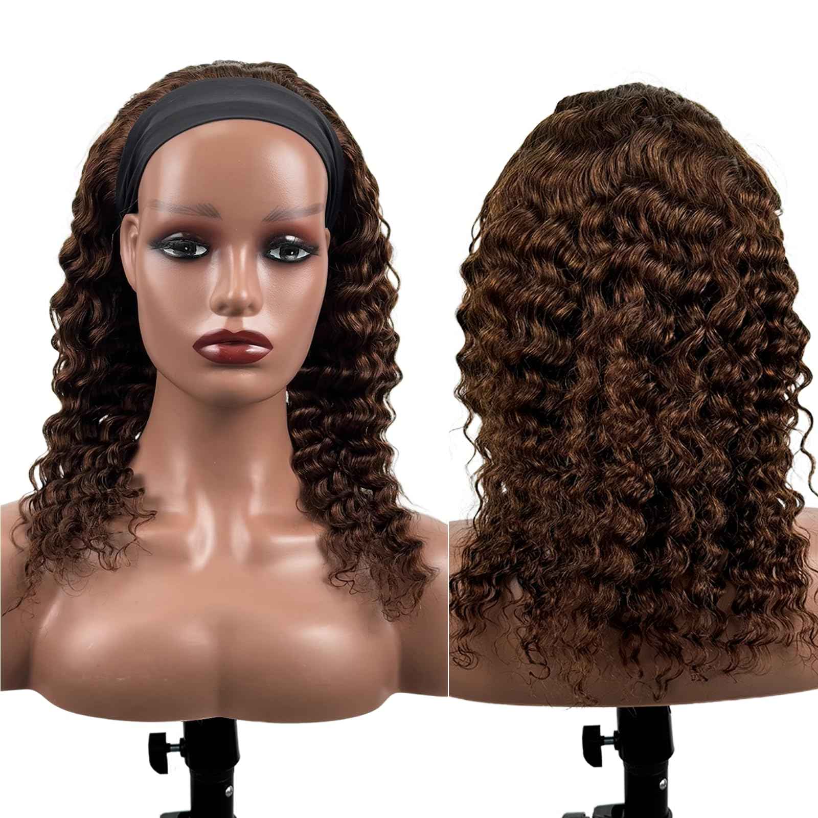 Lauberita Chocolate Brown Headband Wig Human Hair for Women #4 Deep Wave Headband Wig Glueless Curly Human Hair Wig 14 Inch