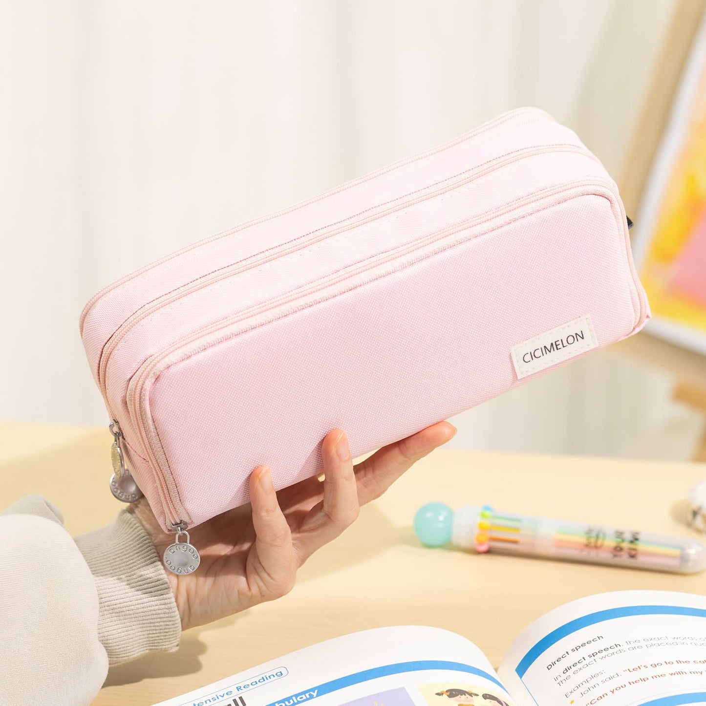 CICIMELON Large Capacity Pencil Case 3 Compartment Pouch Pen Bag for School Teen Girl Boy Men Women (Pink)