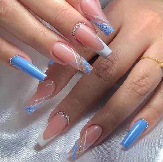 MERVF Coffin Press on Nails Long Fake Nails Press ons White French Tip Glue on Nails with Rhinestones Design Extra Long Blue Ballerina Glitter Acrylic Nails Glossy 24pcs