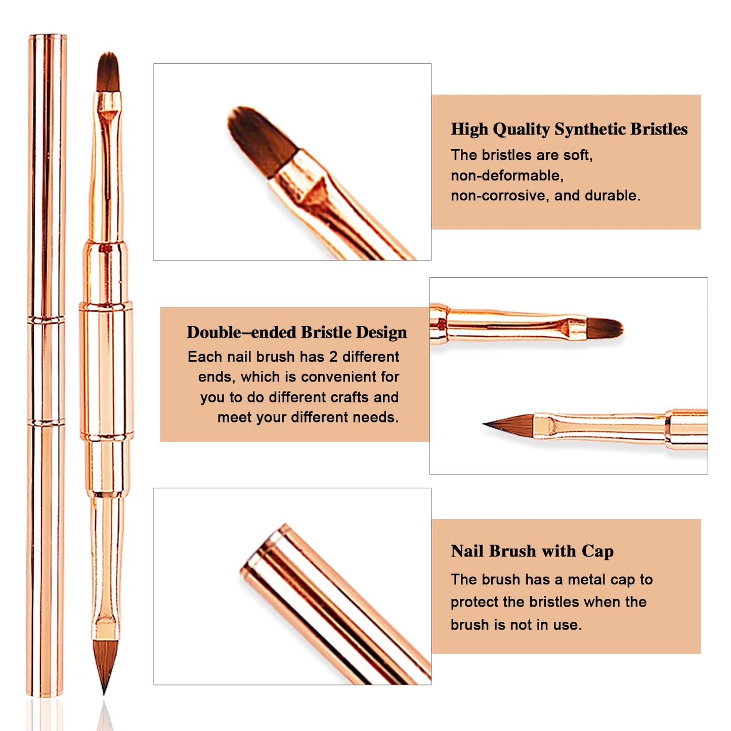 JERCLITY 5pcs Rose Gold Alloy Double-Ended Nail Art Brushes Set Nail Lace Brushes Round Flat Gel Builder Brush Nail Carving Pen Nail Liner Brush 3D Painting Brush Nail Design Tools for Acrylic Nails