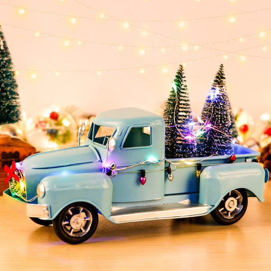 AerWo Farmhouse Christmas Blue Truck Decor, LED String Lights Vintage Blue Metal Pickup Truck Car Model with Mini Christmas Trees Ornaments, for Christmas Decorations and Table Top Decor