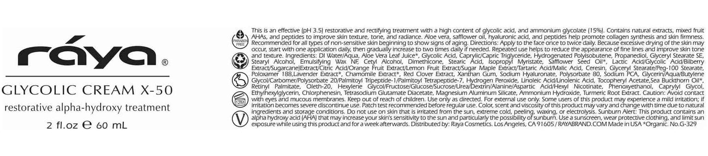 RAYA Glycolic Cream X-50 with AHA (G-329) | Exfoliating Facial Treatment for Non-Sensitive Skin Beginning to Show Signs of Aging | Helps Reduce Lines and Wrinkles | Made with Alpha Hydroxy Acids